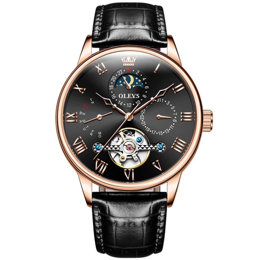 OLEVS 7009 Sun and Moon Skeleton Mechanical Watch for Men - Silver Black Steel Watch | Olevs Watch Store