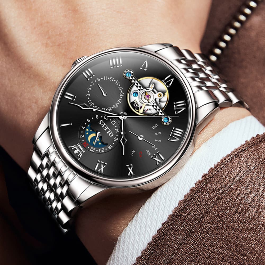 OLEVS 7009 Sun and Moon Skeleton Mechanical Watch for Men - Silver Black Steel Watch | Olevs Watch Store