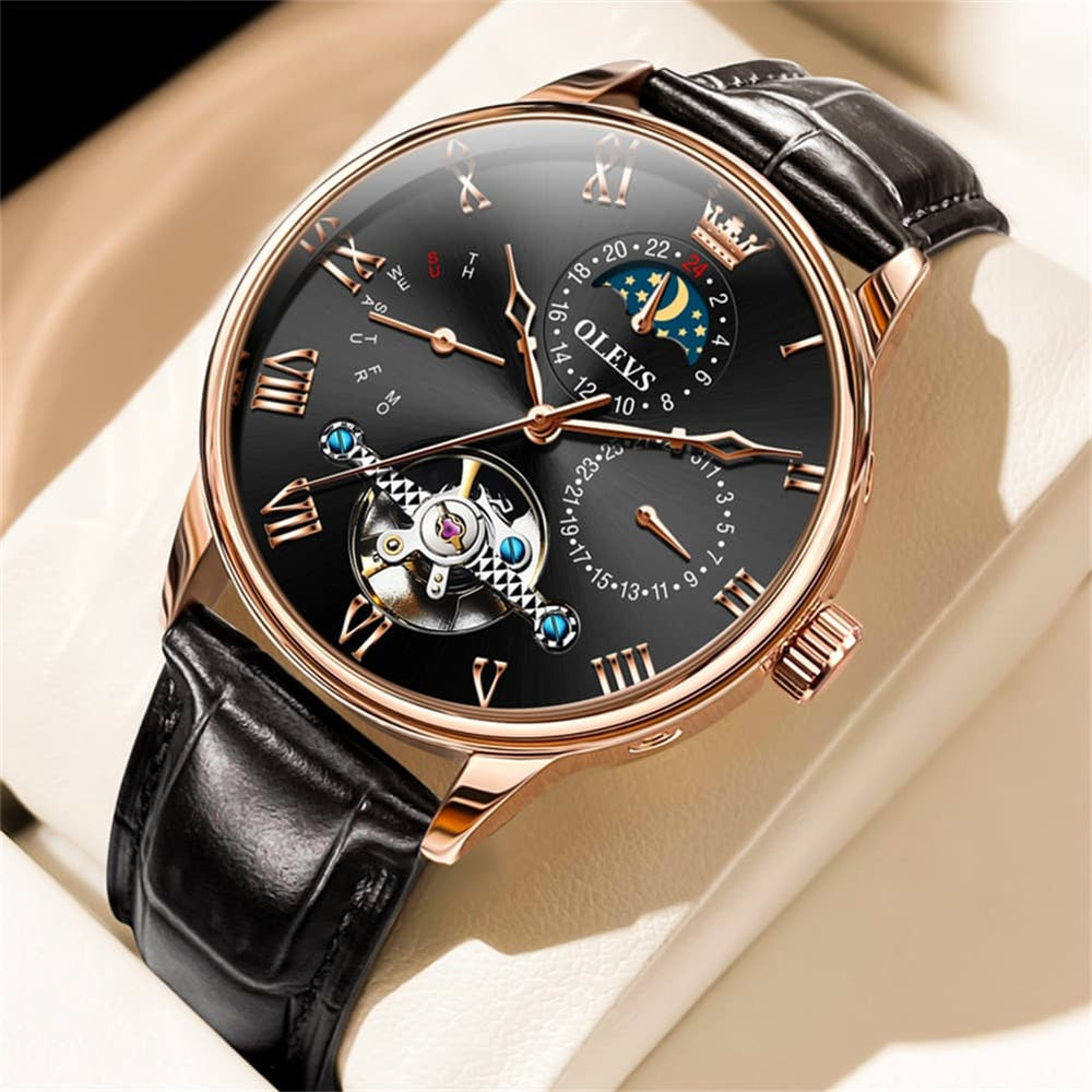 OLEVS 7009 Sun and Moon Skeleton Mechanical Watch for Men - Silver Black Steel Watch | Olevs Watch Store