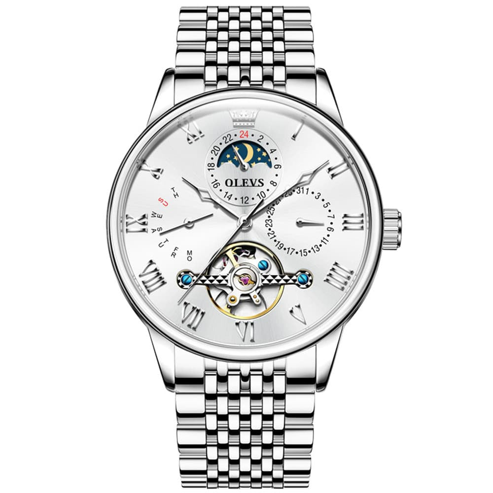 OLEVS 7009 Sun and Moon Skeleton Mechanical Watch for Men - Silver Black Steel Watch | Olevs Watch Store