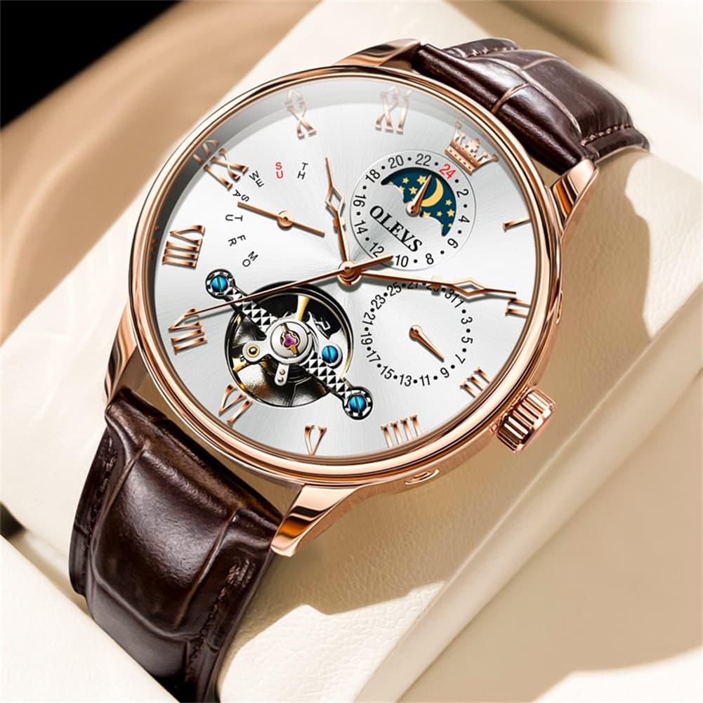 OLEVS 7009 Sun and Moon Skeleton Mechanical Watch for Men - Silver Black Steel Watch | Olevs Watch Store