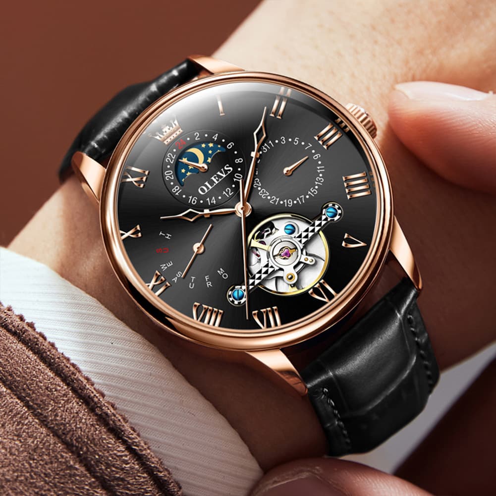 OLEVS 7009 Sun and Moon Skeleton Mechanical Watch for Men - Silver Black Steel Watch | Olevs Watch Store