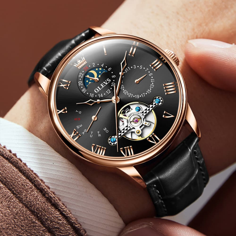 OLEVS 7009 Sun and Moon Skeleton Mechanical Watch for Men - Silver Black Steel Watch | Olevs Watch Store