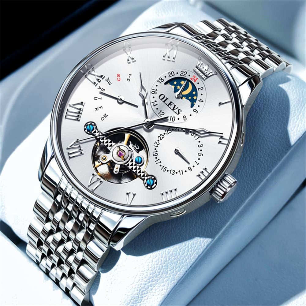 OLEVS 7009 Sun and Moon Skeleton Mechanical Watch for Men - Silver Black Steel Watch | Olevs Watch Store