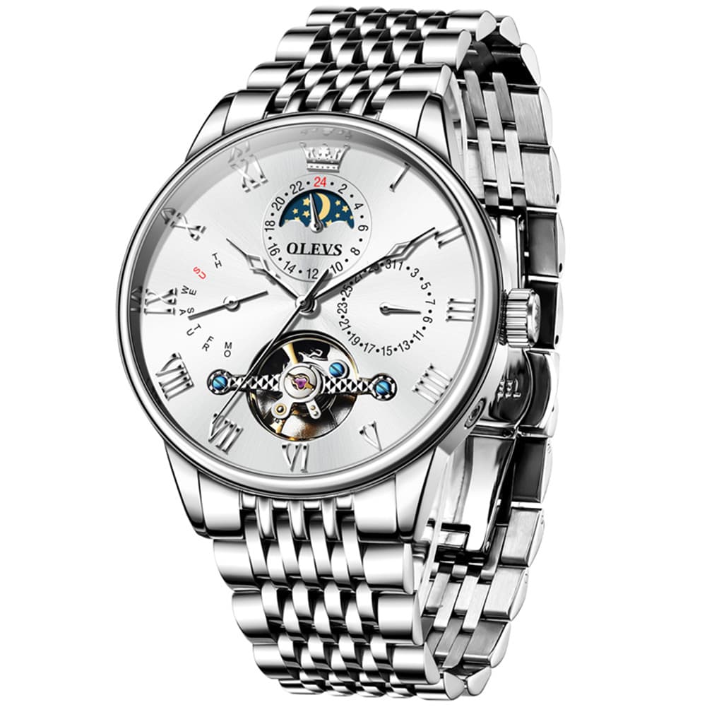 OLEVS 7009 Sun and Moon Skeleton Mechanical Watch for Men - Silver White Steel Watch | Olevs Watch Store