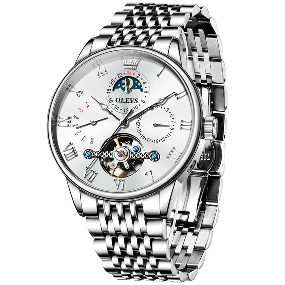 OLEVS 7009 Sun and Moon Skeleton Mechanical Watch for Men - Silver White Steel Watch | Olevs Watch Store