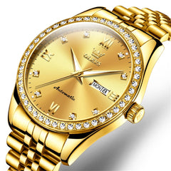 OLEVS 7012 Roman Numerals Diamond Bezel Mechanical Watch for Men - All Gold Watch | Olevs Watch Store