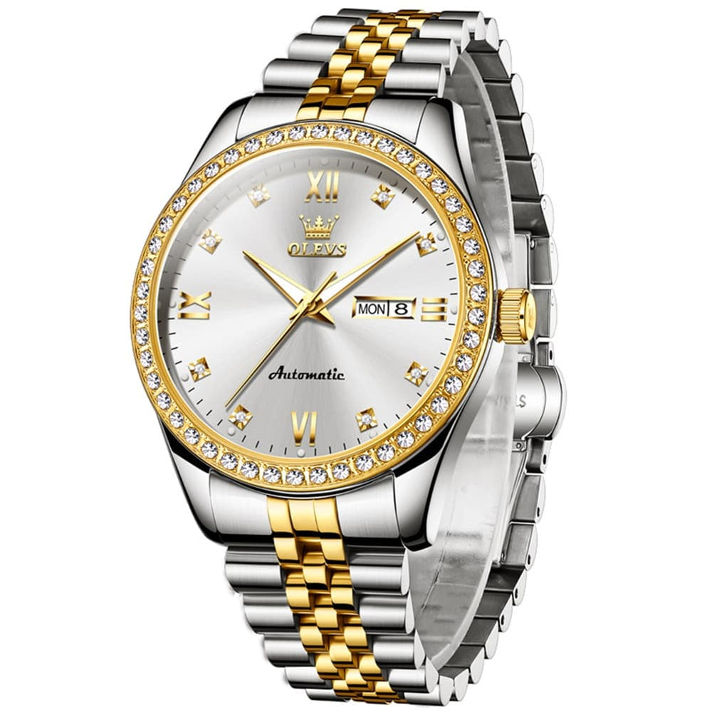 OLEVS 7012 Roman Numerals Diamond Bezel Mechanical Watch for Men - All Gold Watch | Olevs Watch Store