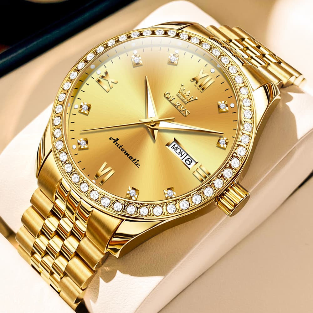 OLEVS 7012 Roman Numerals Diamond Bezel Mechanical Watch for Men - All Gold Watch | Olevs Watch Store