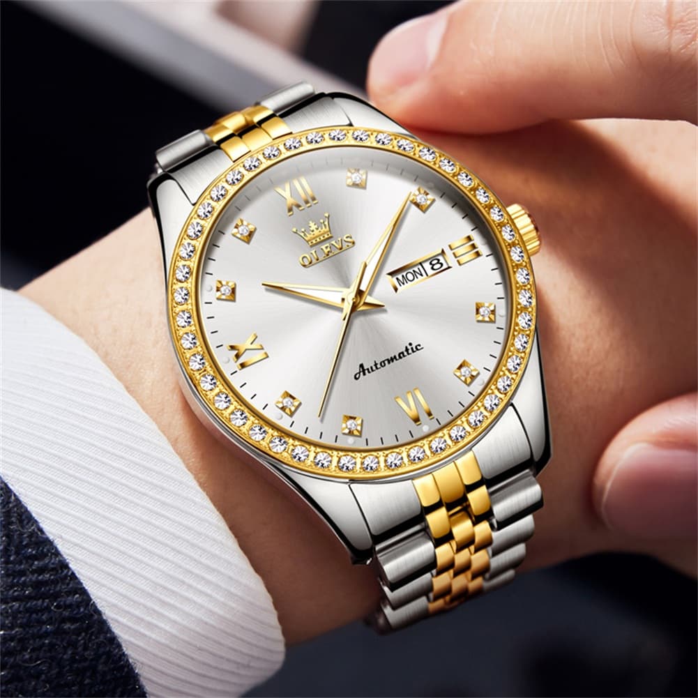 OLEVS 7012 Roman Numerals Diamond Bezel Mechanical Watch for Men - All Gold Watch | Olevs Watch Store