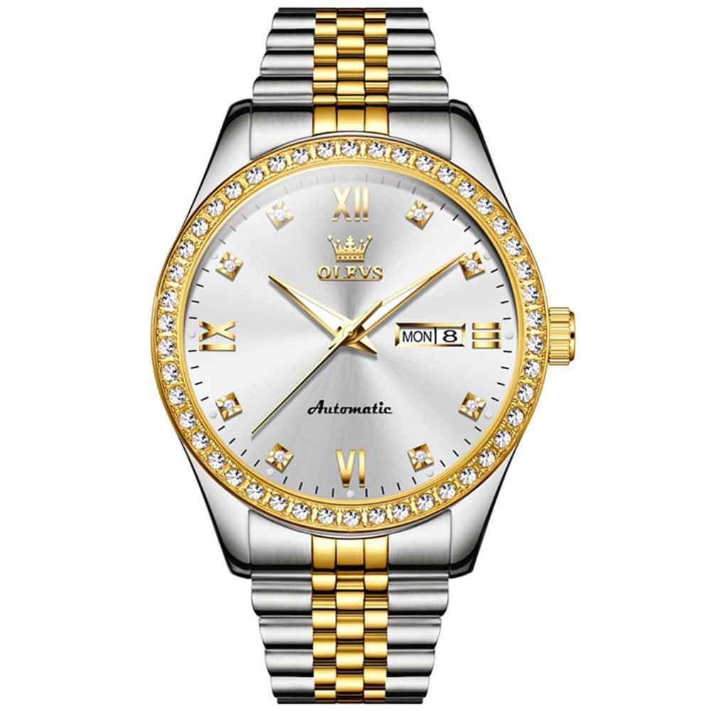 OLEVS 7012 Roman Numerals Diamond Bezel Mechanical Watch for Men - All Gold Watch | Olevs Watch Store