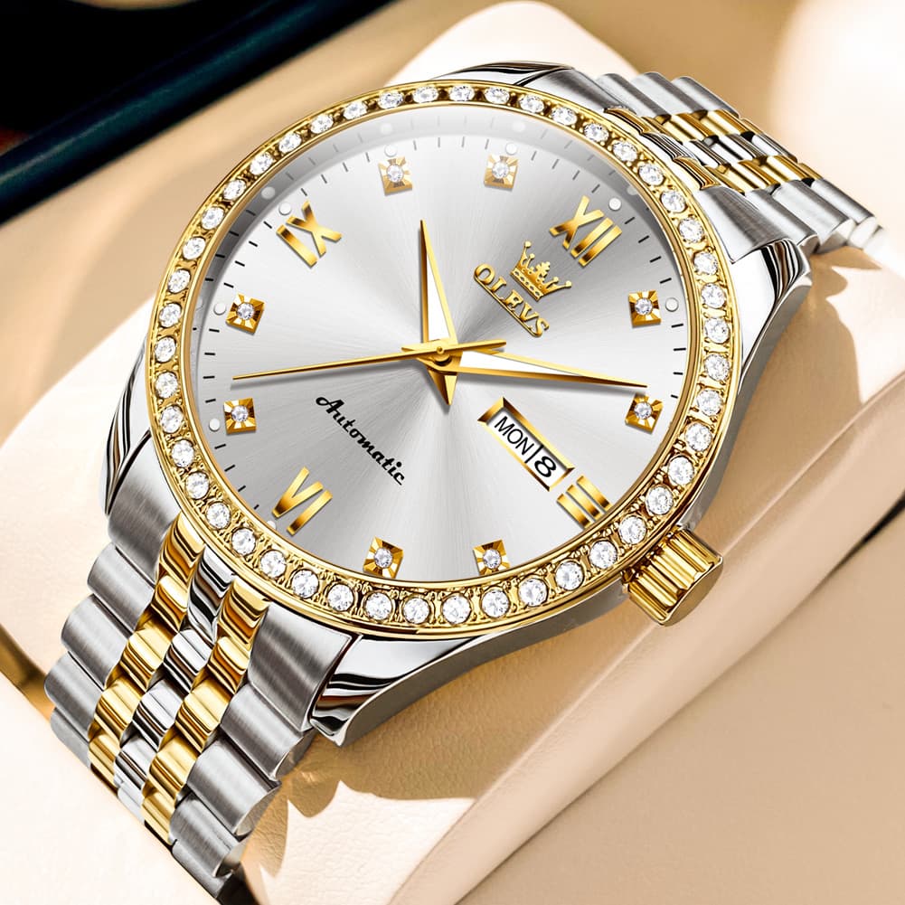 OLEVS 7012 Roman Numerals Diamond Bezel Mechanical Watch for Men - All Gold Watch | Olevs Watch Store