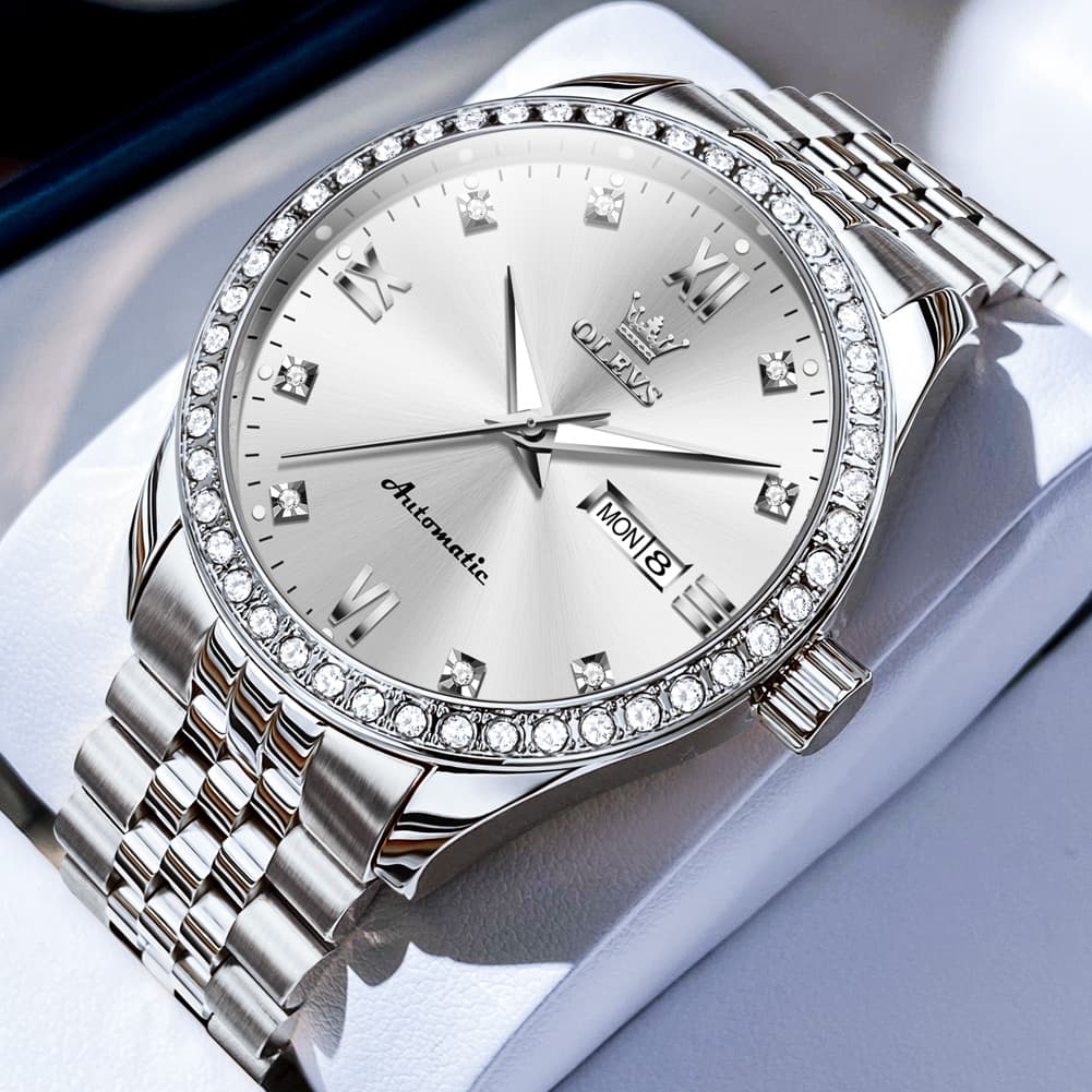 OLEVS 7012 Roman Numerals Diamond Bezel Mechanical Watch for Men - All Gold Watch | Olevs Watch Store