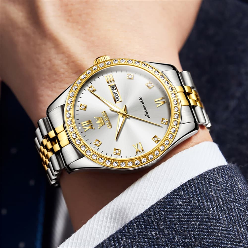 OLEVS 7012 Roman Numerals Diamond Bezel Mechanical Watch for Men - All Gold Watch | Olevs Watch Store