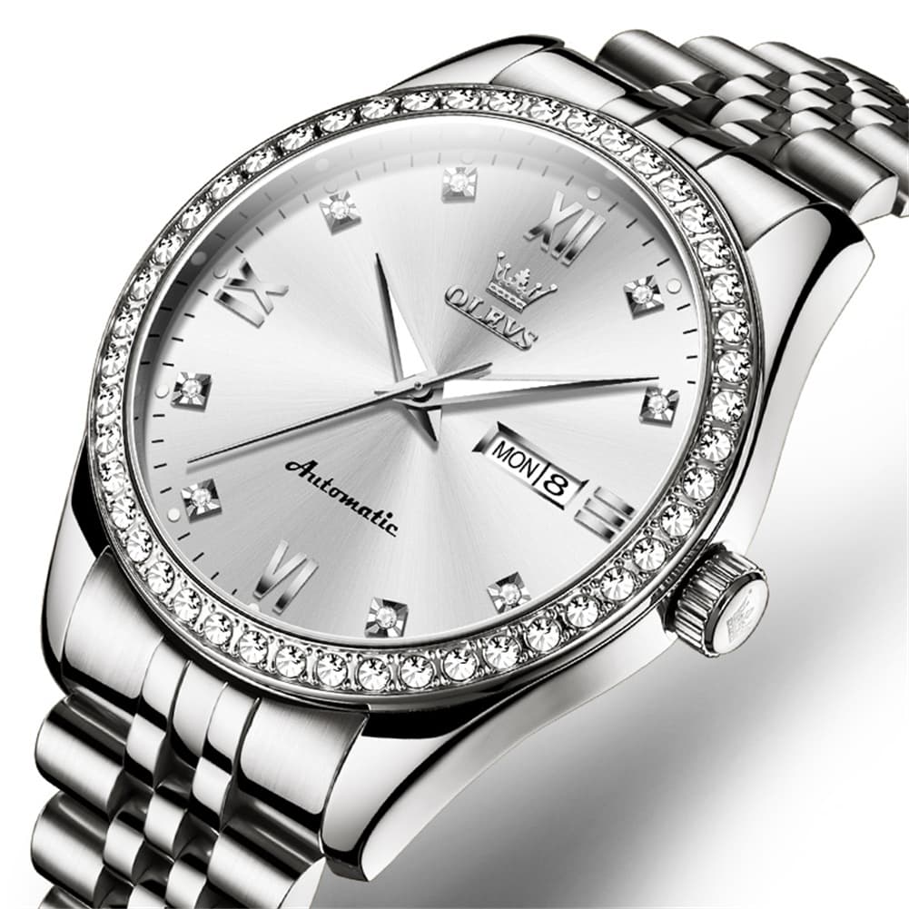 OLEVS 7012 Roman Numerals Diamond Bezel Mechanical Watch for Men - Silver White Watch | Olevs Watch Store