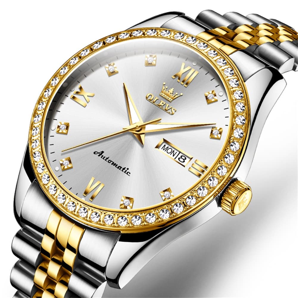 OLEVS 7012 Roman Numerals Diamond Bezel Mechanical Watch for Men - Two Tone White Watch | Olevs Watch Store