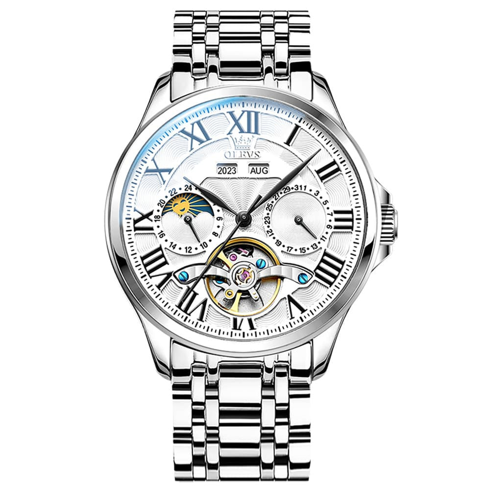 OLEVS 7013 Multi Function Sun and Moon Mechanical Watch for Men - Leather Silver Black Watch | Olevs Watch Store