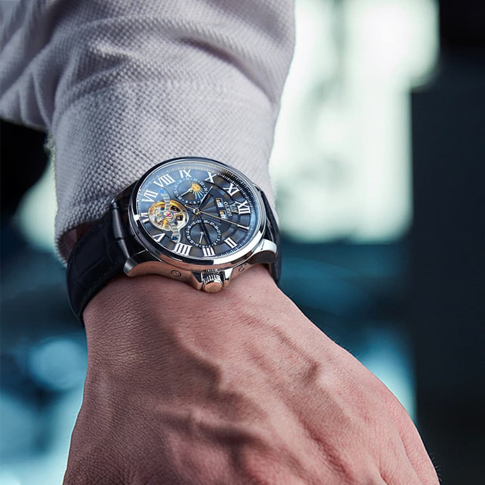 OLEVS 7013 Multi Function Sun and Moon Mechanical Watch for Men - Leather Silver Black Watch | Olevs Watch Store