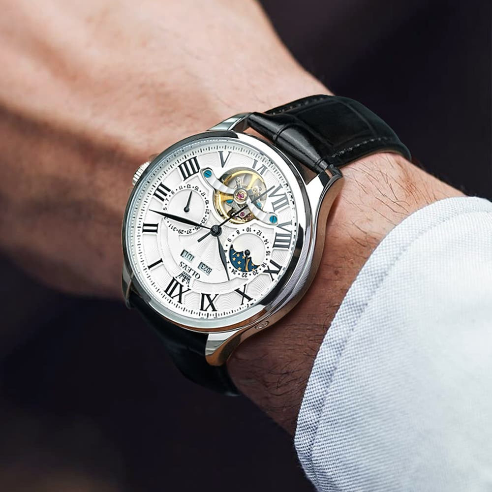 OLEVS 7013 Multi Function Sun and Moon Mechanical Watch for Men - Leather Silver Black Watch | Olevs Watch Store
