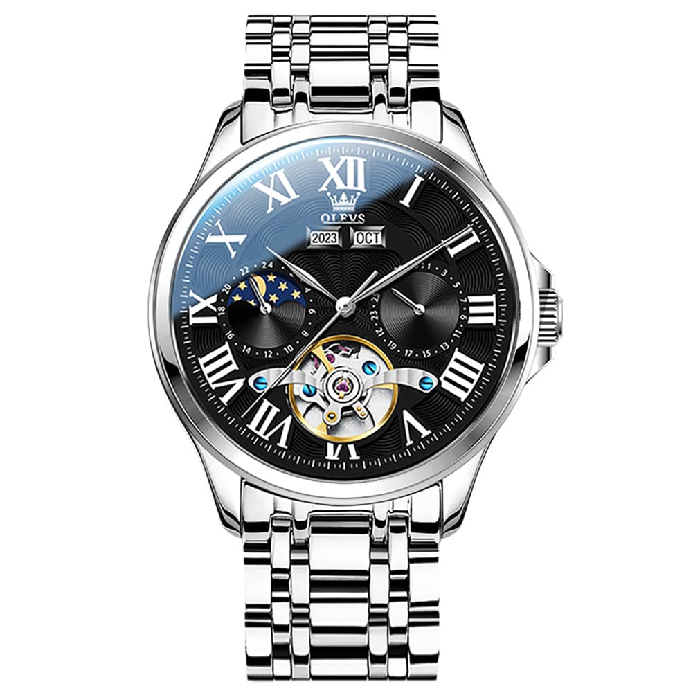 OLEVS 7013 Multi Function Sun and Moon Mechanical Watch for Men - Leather Silver Black Watch | Olevs Watch Store