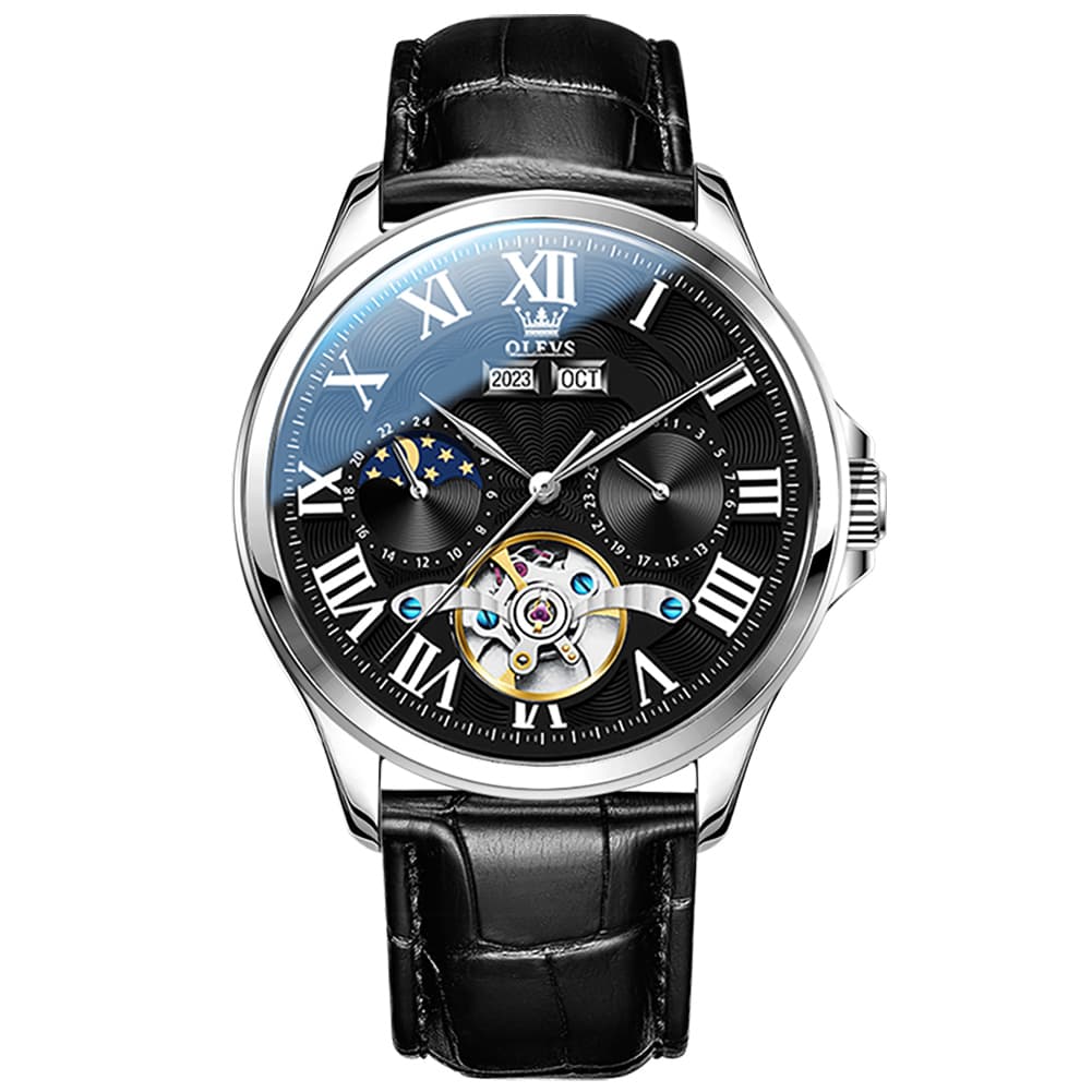 OLEVS 7013 Multi Function Sun and Moon Mechanical Watch for Men - Leather Silver Black Watch | Olevs Watch Store