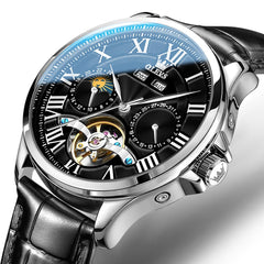 OLEVS 7013 Multi Function Sun and Moon Mechanical Watch for Men - Leather Silver Black Watch | Olevs Watch Store
