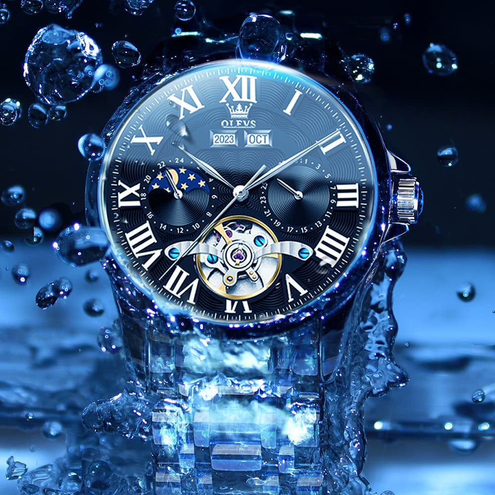 OLEVS 7013 Multi Function Sun and Moon Mechanical Watch for Men - Leather Silver Black Watch | Olevs Watch Store