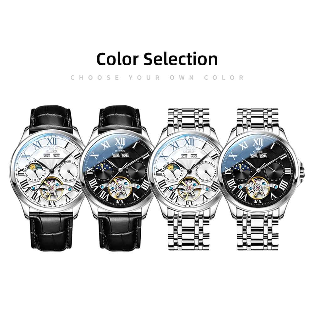 OLEVS 7013 Multi Function Sun and Moon Mechanical Watch for Men - Leather Silver Black Watch | Olevs Watch Store