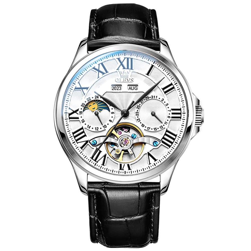 OLEVS 7013 Multi Function Sun and Moon Mechanical Watch for Men - Leather Silver Black Watch | Olevs Watch Store