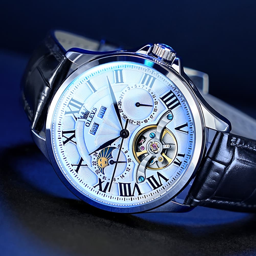 OLEVS 7013 Multi Function Sun and Moon Mechanical Watch for Men - Leather Silver Black Watch | Olevs Watch Store