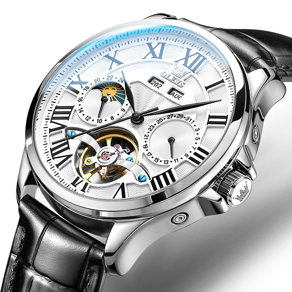 OLEVS 7013 Multi Function Sun and Moon Mechanical Watch for Men - Leather Silver White Watch | Olevs Watch Store