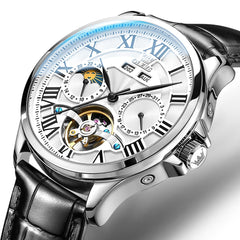 OLEVS 7013 Multi Function Sun and Moon Mechanical Watch for Men - Leather Silver White Watch | Olevs Watch Store