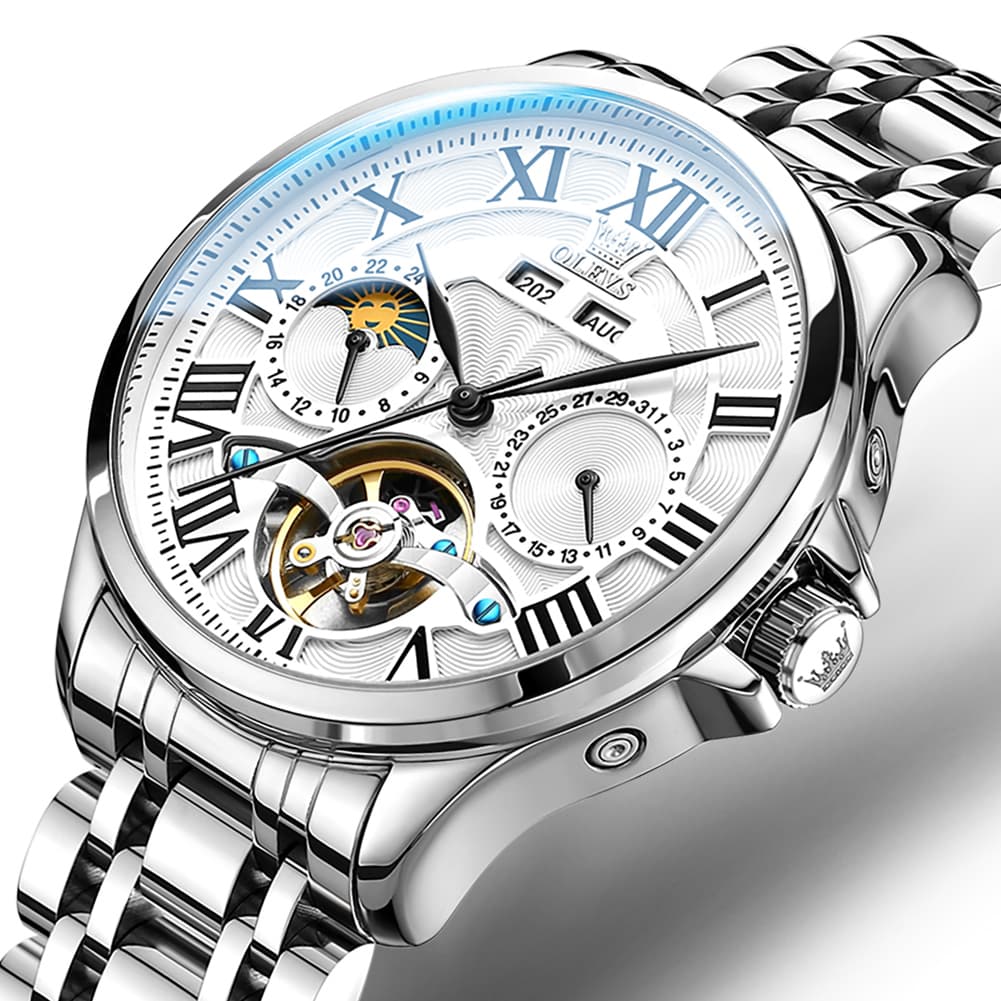 OLEVS 7013 Multi Function Sun and Moon Mechanical Watch for Men - Steel Silver White Watch | Olevs Watch Store