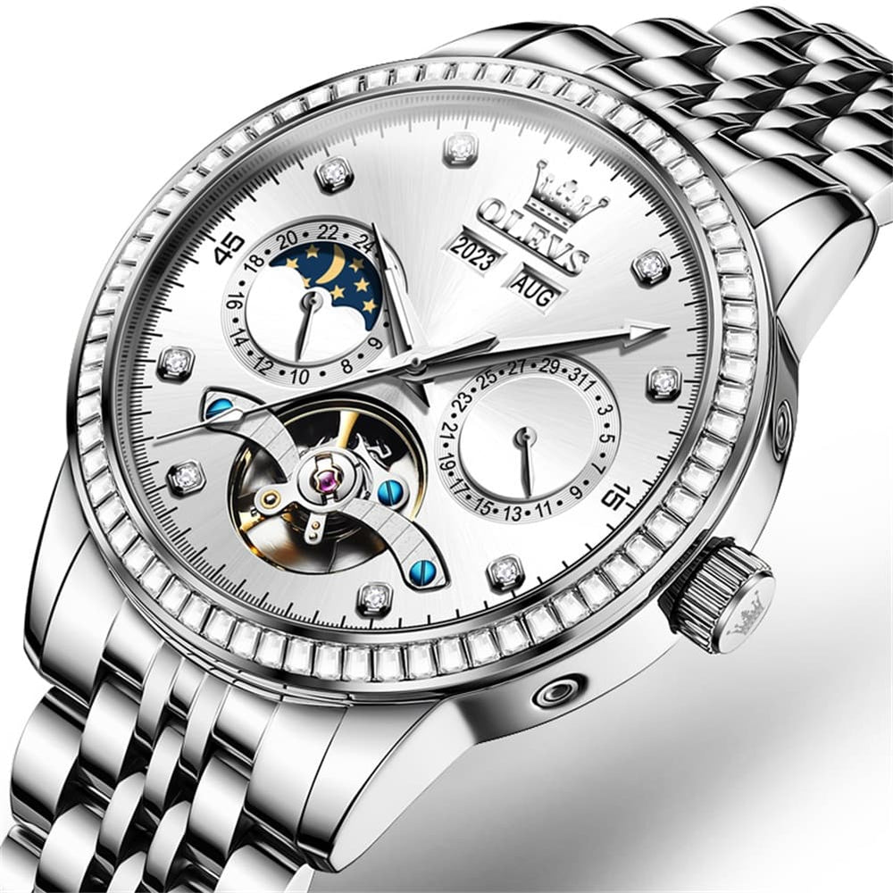 OLEVS 7016 Diamond Multi Function Sun and Moon Mechanical Watch for Men - Silver Blue Watch | Olevs Watch Store