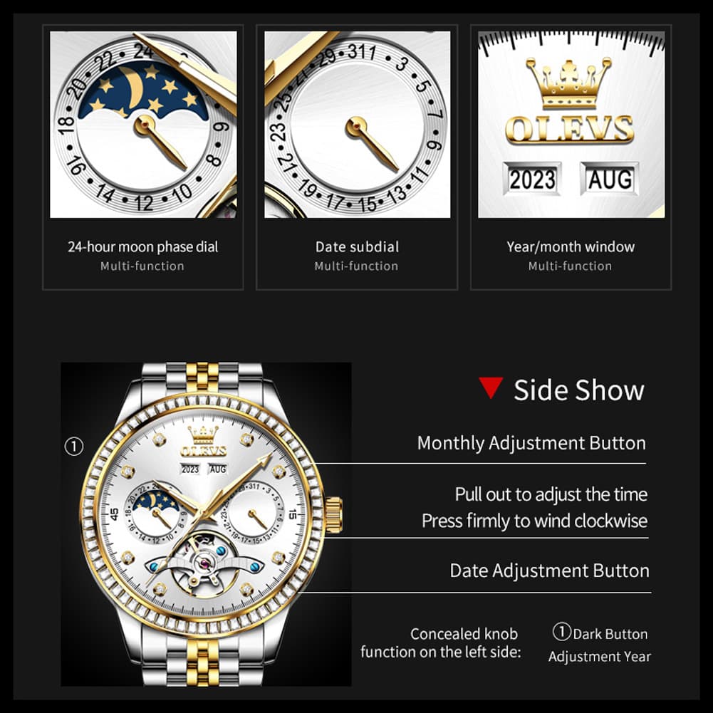 OLEVS 7016 Diamond Multi Function Sun and Moon Mechanical Watch for Men - Silver Blue Watch | Olevs Watch Store