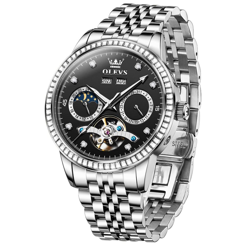 OLEVS 7016 Diamond Multi Function Sun and Moon Mechanical Watch for Men - Silver Blue Watch | Olevs Watch Store