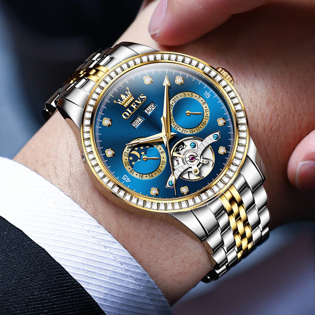 OLEVS 7016 Diamond Multi Function Sun and Moon Mechanical Watch for Men - Silver Blue Watch | Olevs Watch Store