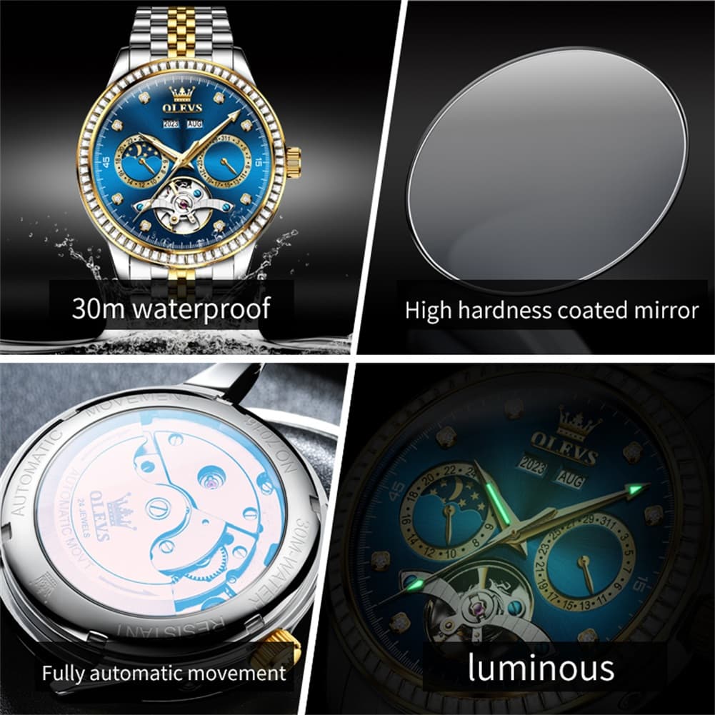 OLEVS 7016 Diamond Multi Function Sun and Moon Mechanical Watch for Men - Silver Blue Watch | Olevs Watch Store