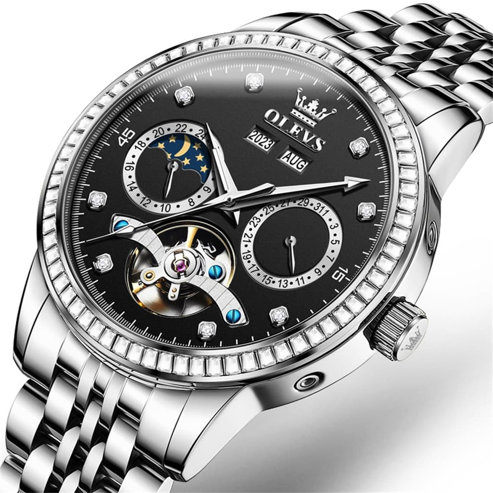 OLEVS 7016 Diamond Multi Function Sun and Moon Mechanical Watch for Men - Silver Blue Watch | Olevs Watch Store