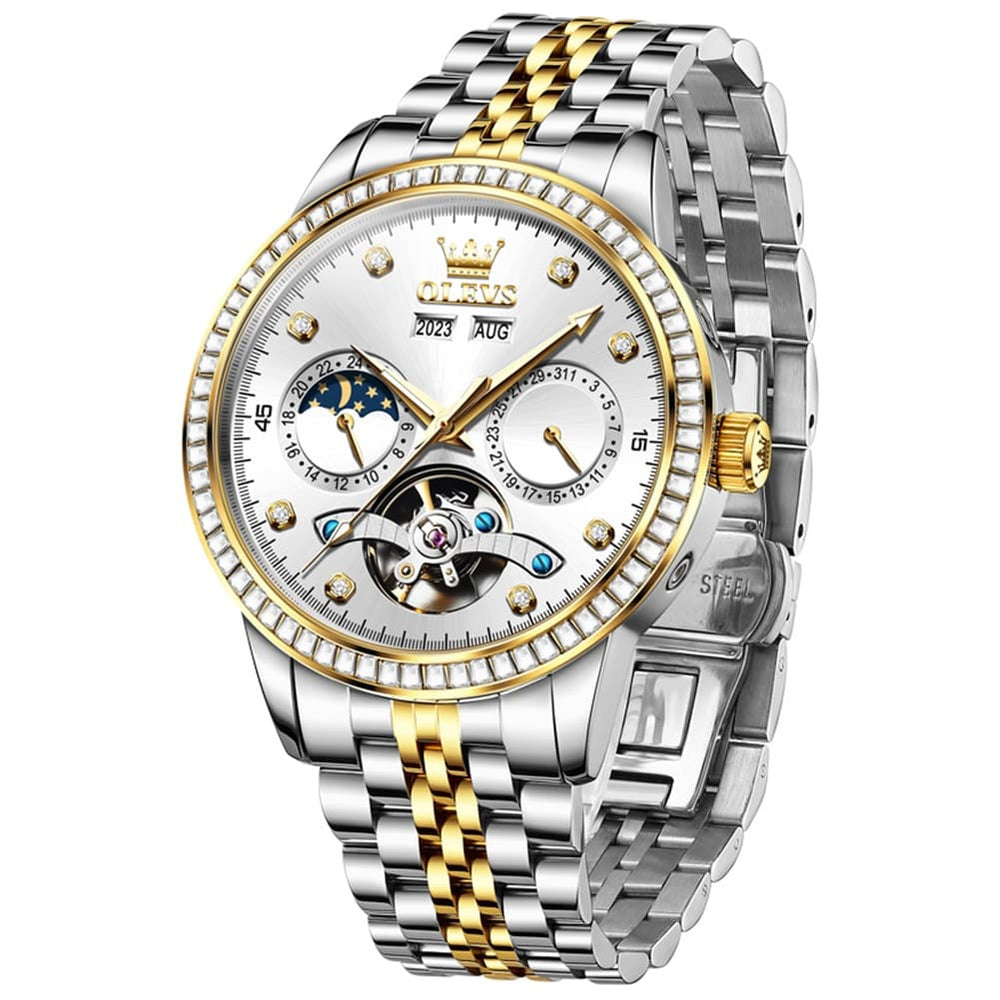 OLEVS 7016 Diamond Multi Function Sun and Moon Mechanical Watch for Men - Silver Blue Watch | Olevs Watch Store