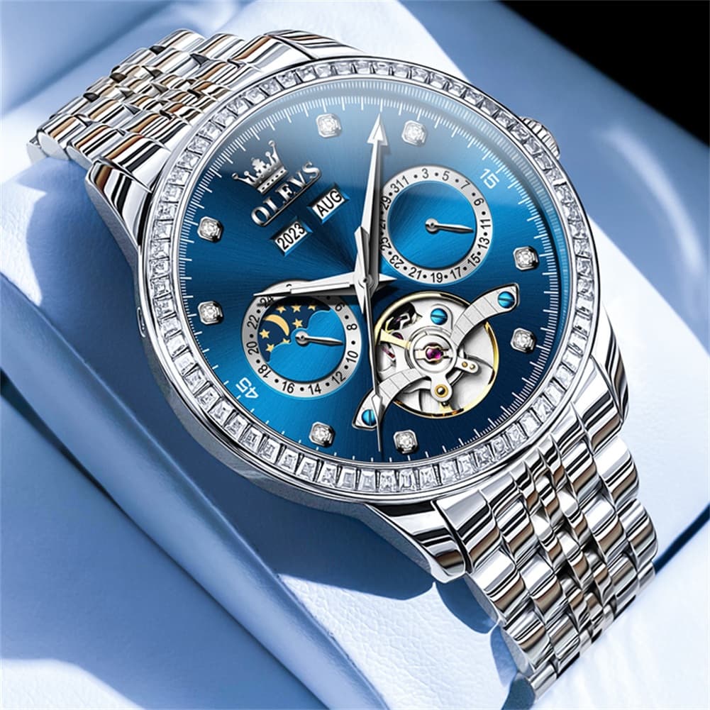 OLEVS 7016 Diamond Multi Function Sun and Moon Mechanical Watch for Men - Silver Blue Watch | Olevs Watch Store