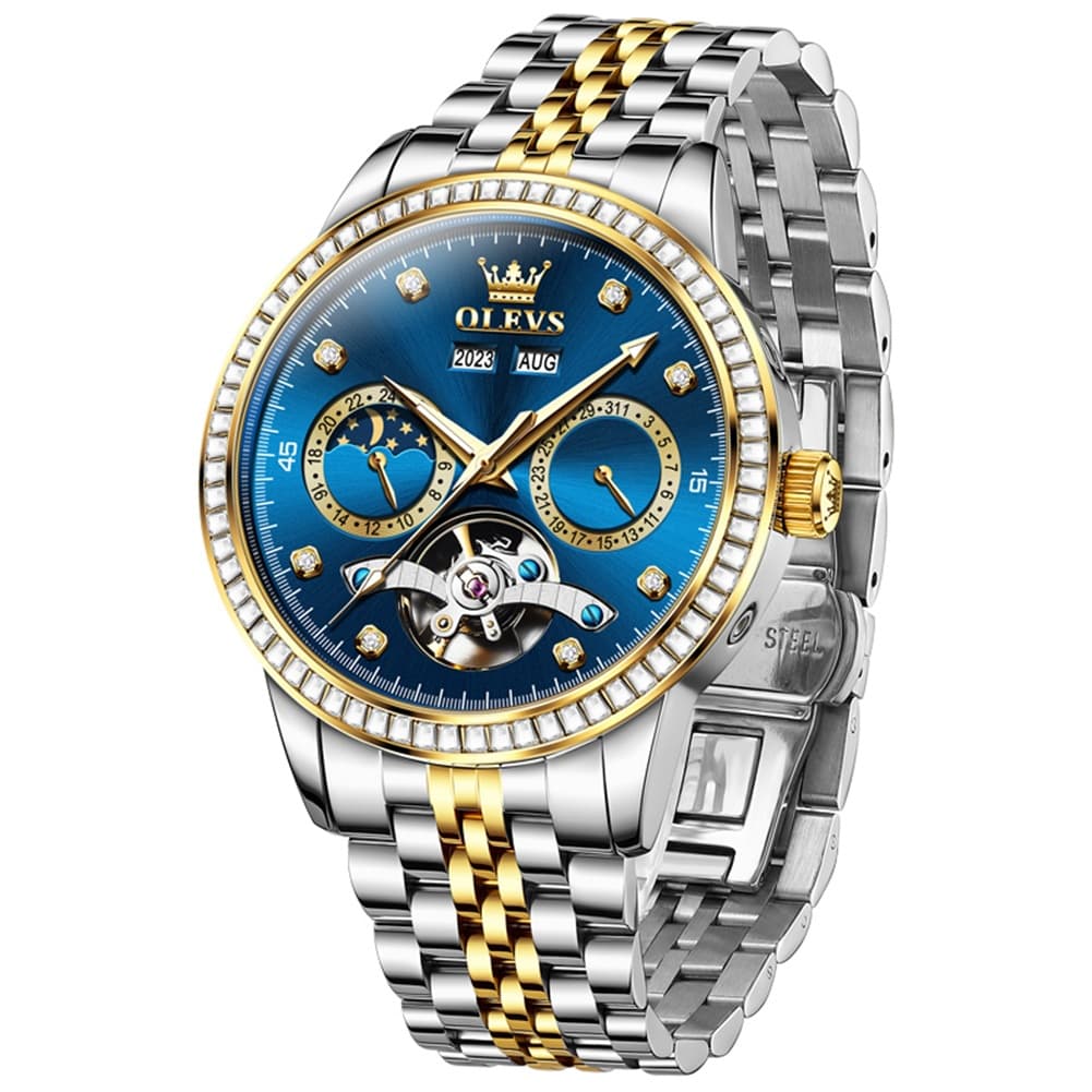 OLEVS 7016 Diamond Multi Function Sun and Moon Mechanical Watch for Men - Silver Blue Watch | Olevs Watch Store