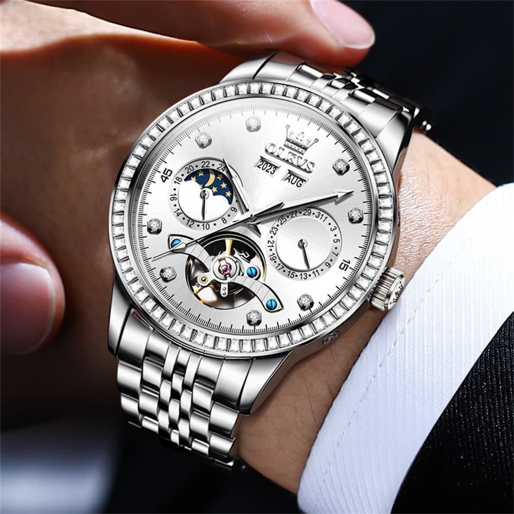 OLEVS 7016 Diamond Multi Function Sun and Moon Mechanical Watch for Men - Silver Blue Watch | Olevs Watch Store