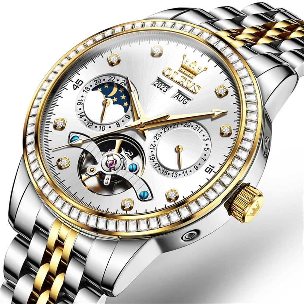 OLEVS 7016 Diamond Multi Function Sun and Moon Mechanical Watch for Men - Silver Blue Watch | Olevs Watch Store