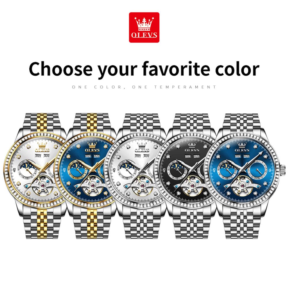 OLEVS 7016 Diamond Multi Function Sun and Moon Mechanical Watch for Men - Silver Blue Watch | Olevs Watch Store
