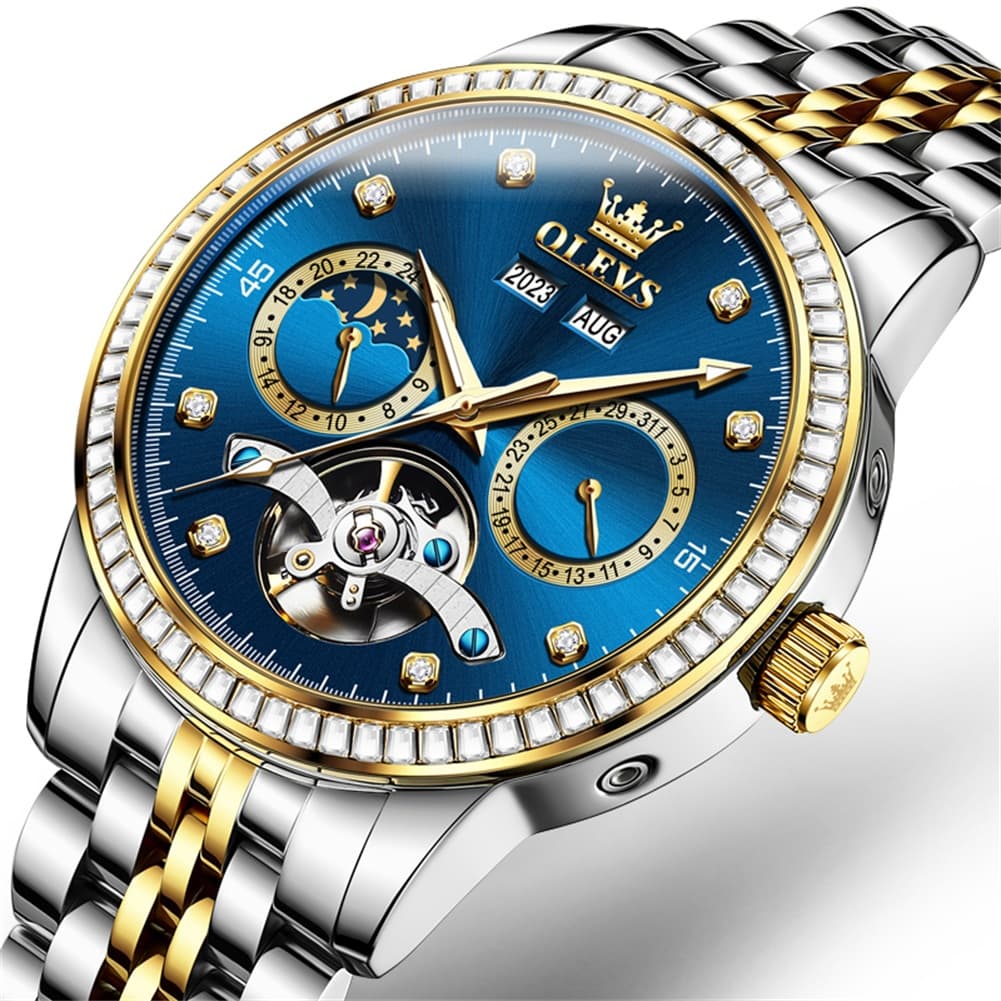 OLEVS 7016 Diamond Multi Function Sun and Moon Mechanical Watch for Men - Silver Blue Watch | Olevs Watch Store