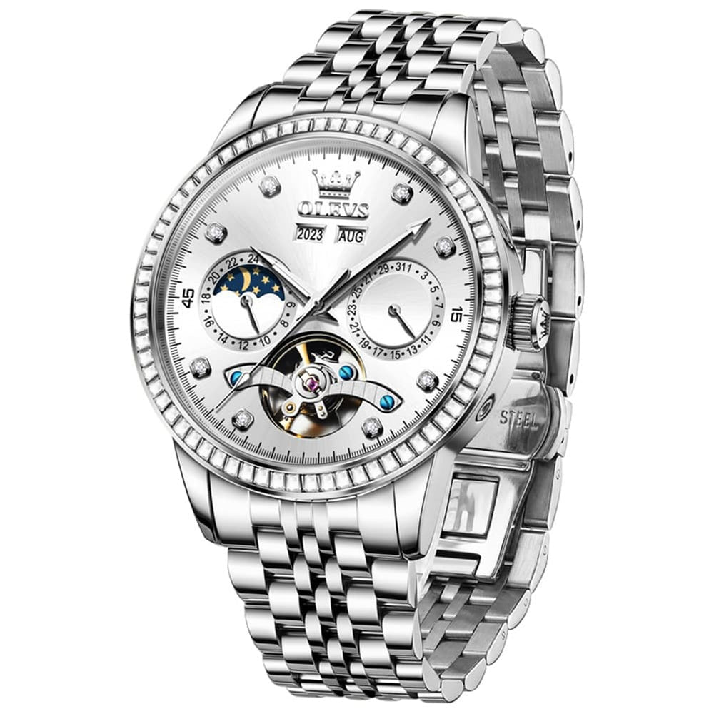 OLEVS 7016 Diamond Multi Function Sun and Moon Mechanical Watch for Men - Silver Blue Watch | Olevs Watch Store