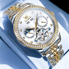 OLEVS 7016 Diamond Multi Function Sun and Moon Mechanical Watch for Men - Two Tone White Watch | Olevs Watch Store