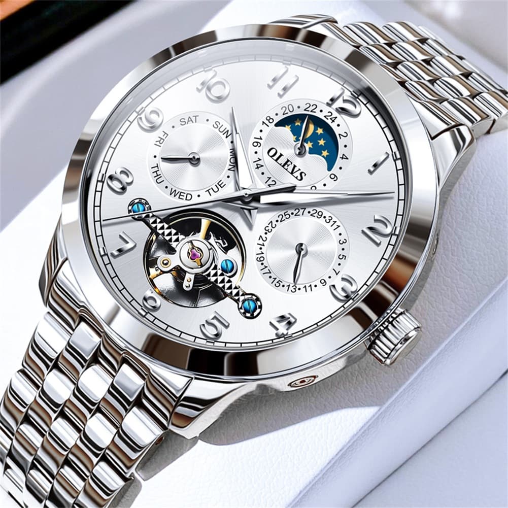 OLEVS 7018 Sun and Moon Skeleton Mechanical Watch for Men - Alpine White Watch | Olevs Watch Store