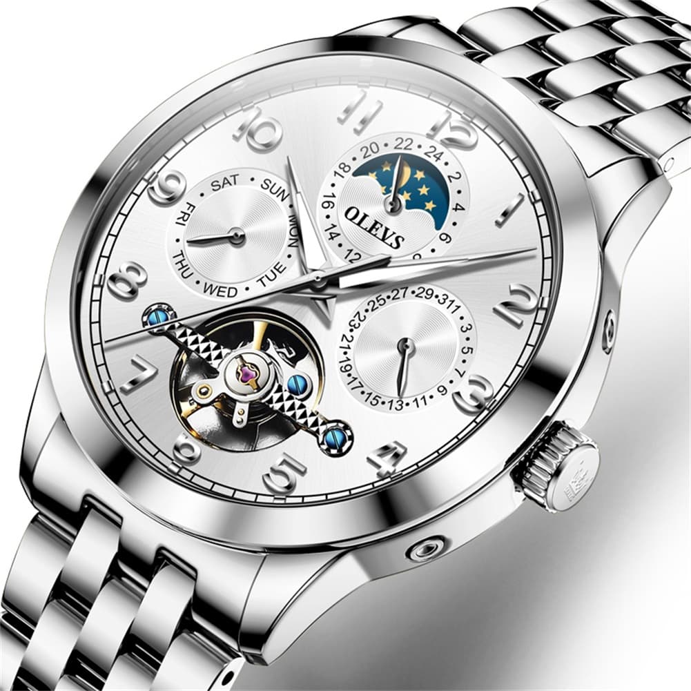 OLEVS 7018 Sun and Moon Skeleton Mechanical Watch for Men - Champagne Watch | Olevs Watch Store